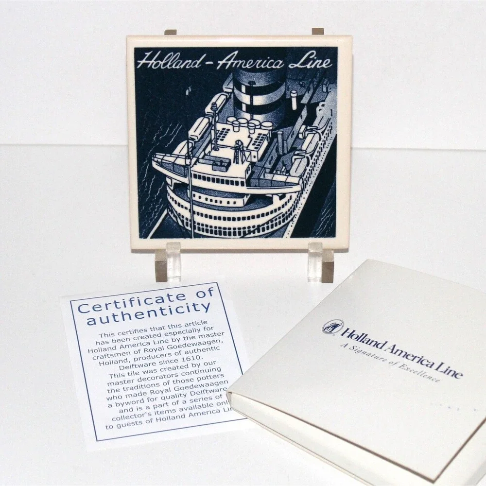 Holland America Line coaster tile ceramic Cruise Ship blue Delft in box COA